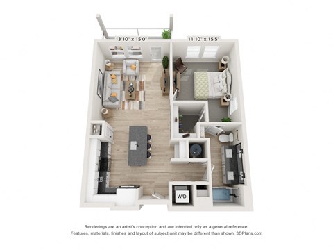 Floor plan for 1 bed, 1 bath, 803 sqft